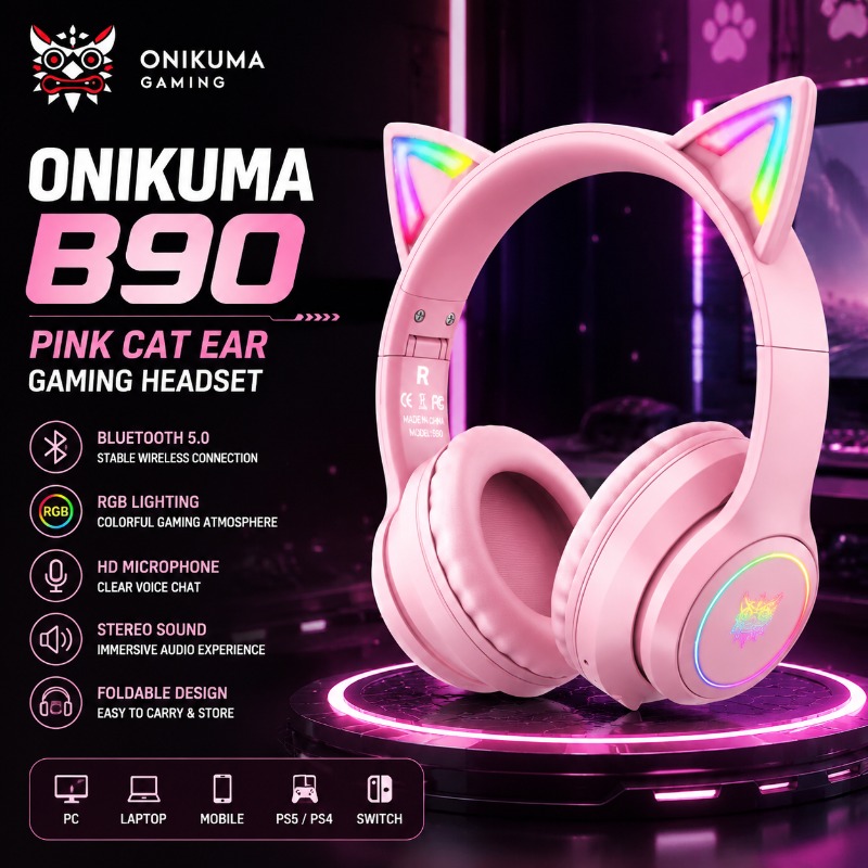 Pc Gaming Apple - Onikuma B90 핑크 고양이 귀 게임용